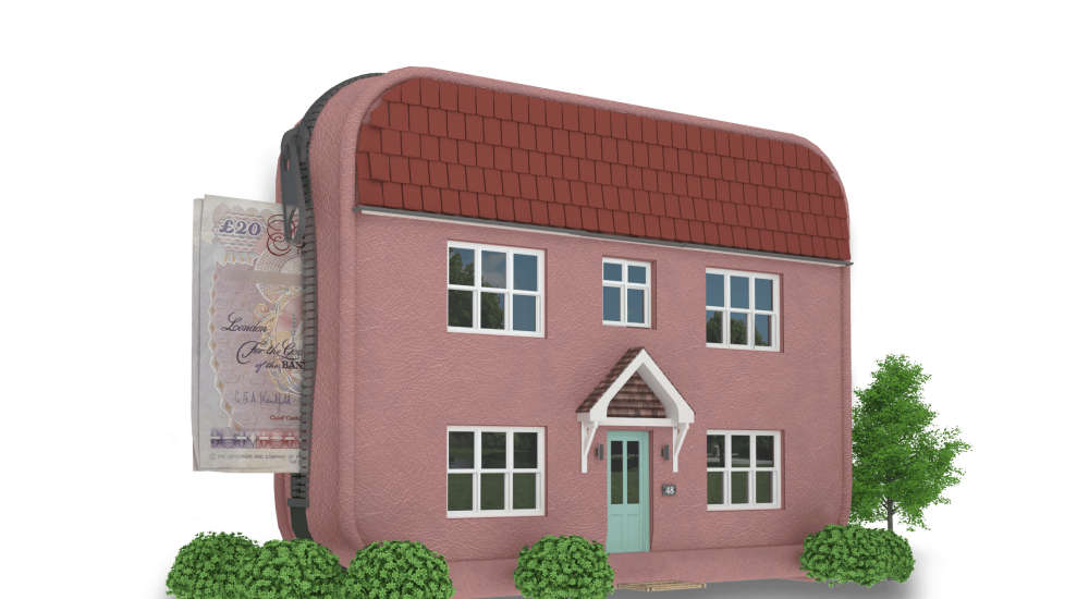 Image of house, edited to look like a purse with money coming out representing the equity within it